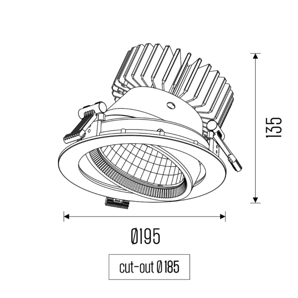 Technisch tekening van de Fulla L, een verstelbaar inbouwarmatuur, met gedetailleerde afmetingen en ontwerp specificaties.
