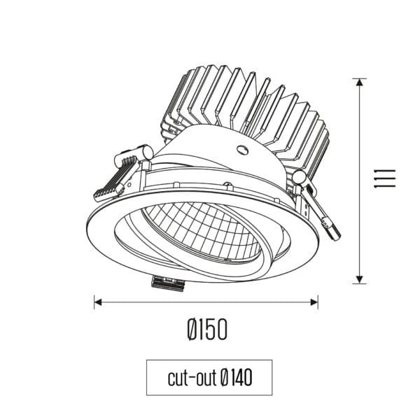 Technisch tekening van de Fulla S HE, een verstelbaar inbouwarmatuur, met gedetailleerde afmetingen en ontwerp specificaties.