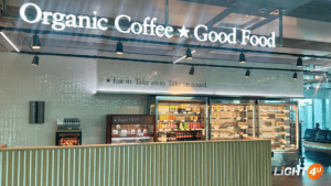LED trackspot Ymir verlicht café op Zürich Airport